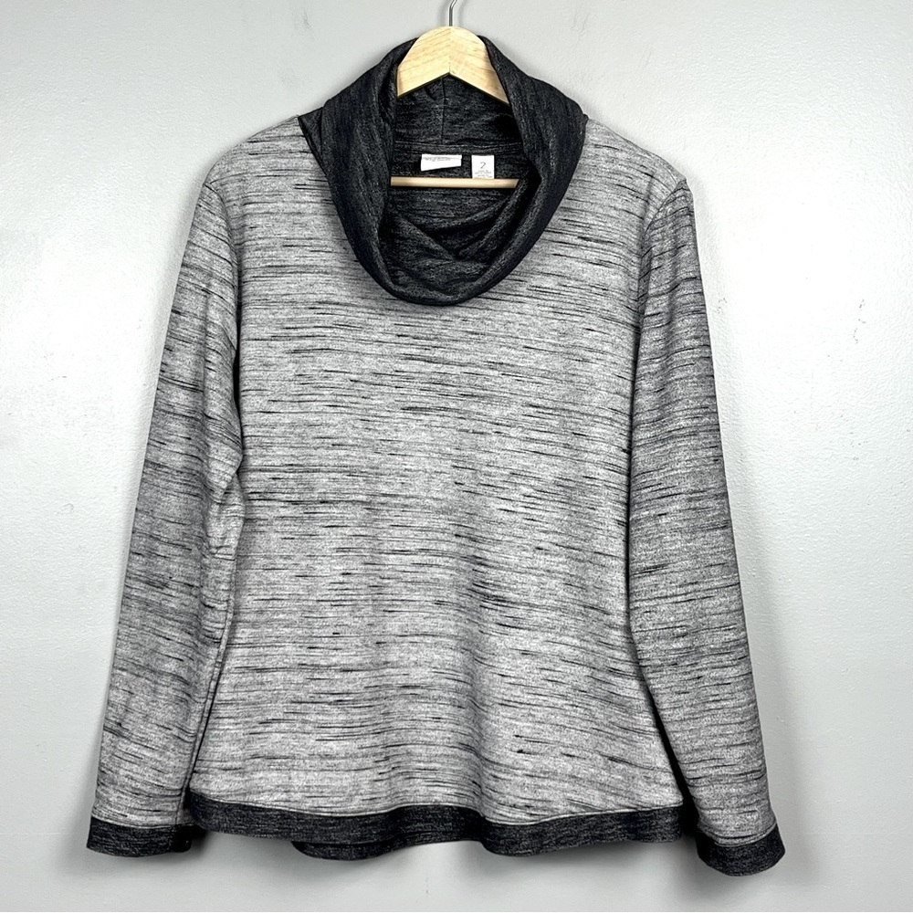 Weekends by Chicos gray black space dye cowl neck knit top, size 2 = large.
